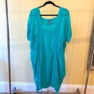 Johnny Was Kaftan, beautiful teal color, size 1X. Embroidered throughout.
